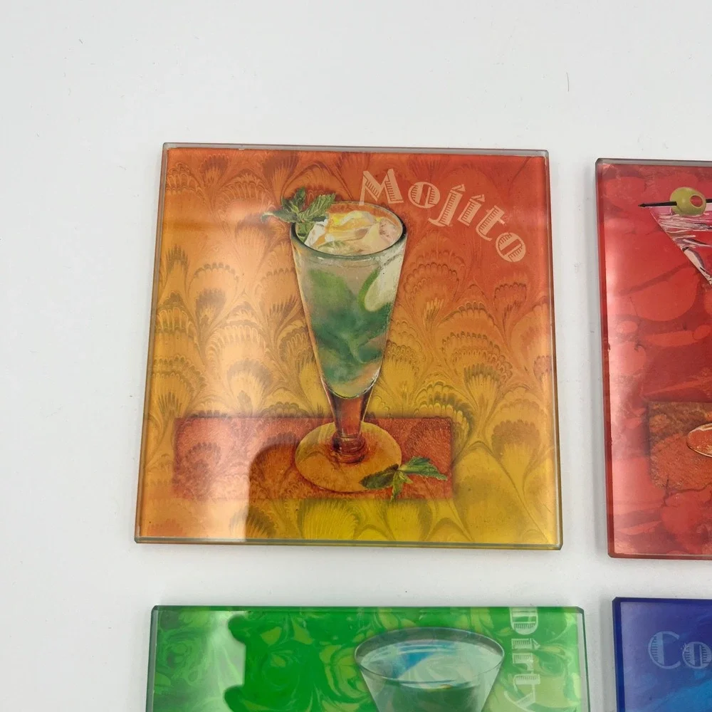 Cocktail Coasters Set of 4, Mojito Martini Cosmopolitan Appletini Drinks Barware